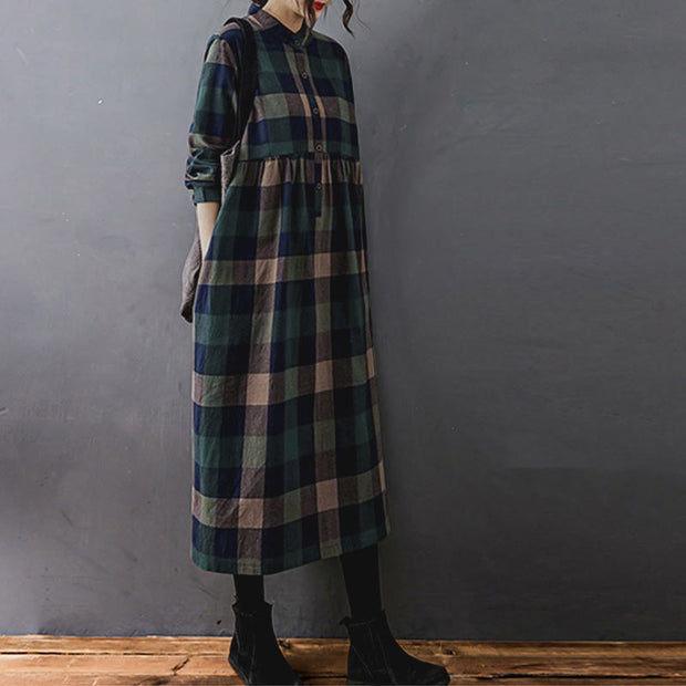 Buddha Stones Commute Patchwork Color Plaid Long Sleeve Cotton Midi Dress - image 1