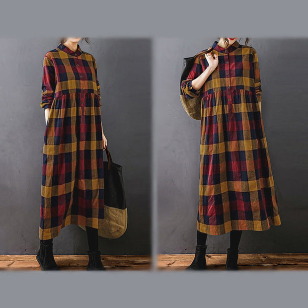 Buddha Stones Commute Patchwork Color Plaid Long Sleeve Cotton Midi Dress - image 19