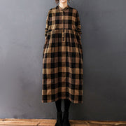 Buddha Stones Commute Patchwork Color Plaid Long Sleeve Cotton Midi Dress - Black SandyBrown Plaid - US8-10，UK/AU12-14，EU40-42 (2XL) - image 6