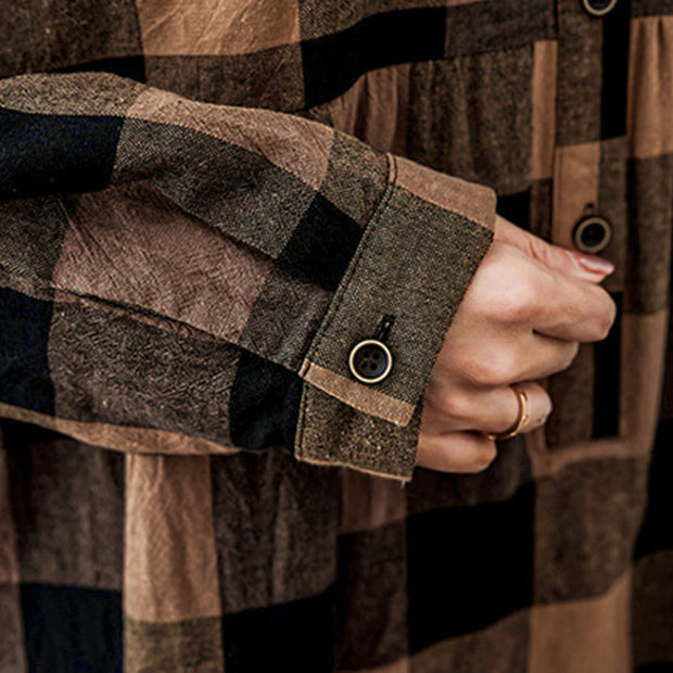 Buddha Stones Commute Patchwork Color Plaid Long Sleeve Cotton Midi Dress - image 11