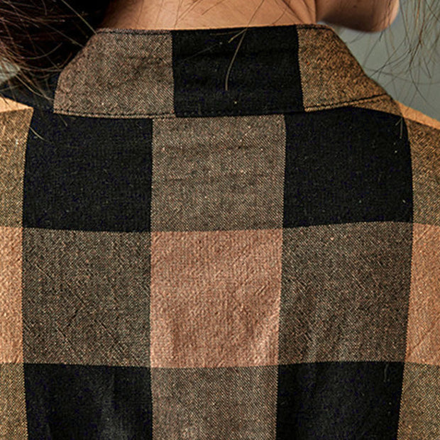 Buddha Stones Commute Patchwork Color Plaid Long Sleeve Cotton Midi Dress - image 10