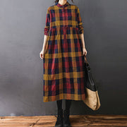 Buddha Stones Commute Patchwork Color Plaid Long Sleeve Cotton Midi Dress - image 16