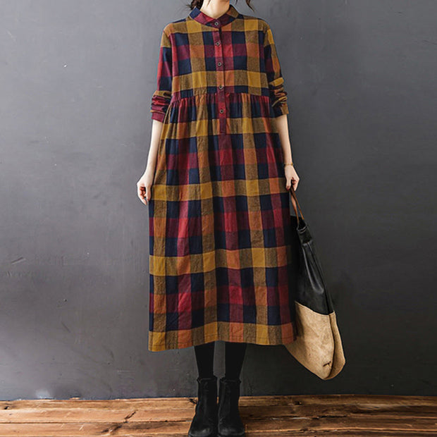 Buddha Stones Commute Patchwork Color Plaid Long Sleeve Cotton Midi Dress - image 16
