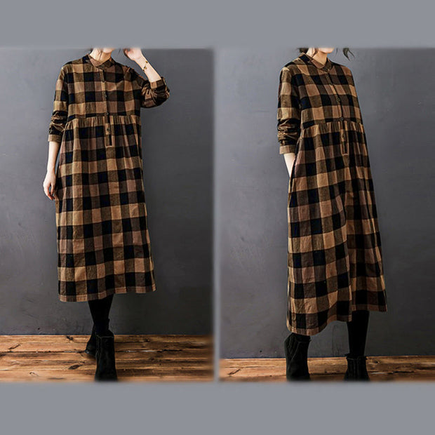 Buddha Stones Commute Patchwork Color Plaid Long Sleeve Cotton Midi Dress - image 14