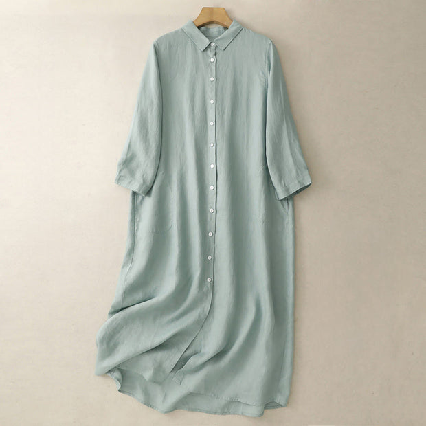 Buddha Stones Fall Commute Plain Buttons Design Long Sleeve Cotton Midi Dress With Pockets - MediumTurquoise - US8-10，UK/AU12-14，EU40-42 (2XL) - image 6