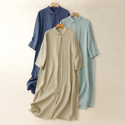 Buddha Stones Fall Commute Plain Buttons Design Long Sleeve Cotton Midi Dress With Pockets - image 0