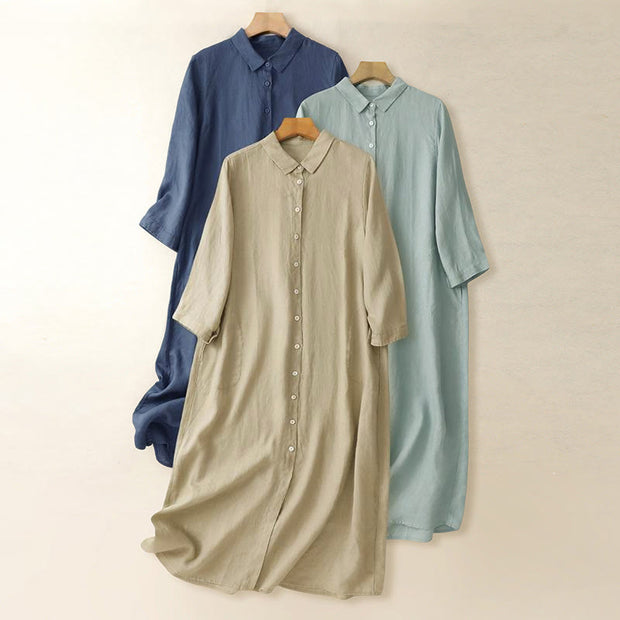 Buddha Stones Fall Commute Plain Buttons Design Long Sleeve Cotton Midi Dress With Pockets - image 0