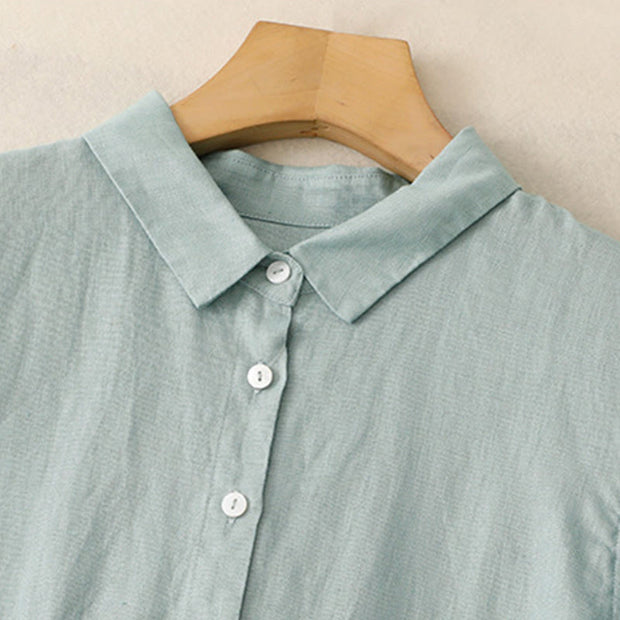 Buddha Stones Fall Commute Plain Buttons Design Long Sleeve Cotton Midi Dress With Pockets - image 7