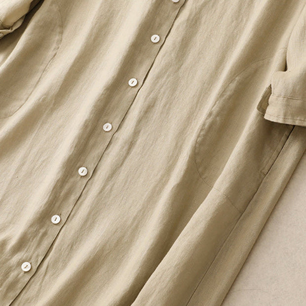 Buddha Stones Fall Commute Plain Buttons Design Long Sleeve Cotton Midi Dress With Pockets - image 13