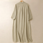 Buddha Stones Fall Commute Plain Buttons Design Long Sleeve Cotton Midi Dress With Pockets - image 10