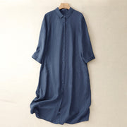 Buddha Stones Fall Commute Plain Buttons Design Long Sleeve Cotton Midi Dress With Pockets - Navy - US8-10，UK/AU12-14，EU40-42 (2XL) - image 1