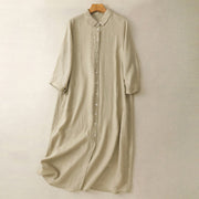 Buddha Stones Fall Commute Plain Buttons Design Long Sleeve Cotton Midi Dress With Pockets - PaleGoldenrod - US8-10，UK/AU12-14，EU40-42 (2XL) - image 9