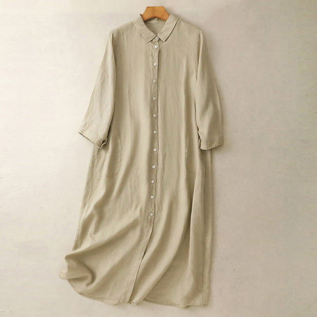 Buddha Stones Fall Commute Plain Buttons Design Long Sleeve Cotton Midi Dress With Pockets - PaleGoldenrod - US8-10，UK/AU12-14，EU40-42 (2XL) - image 9