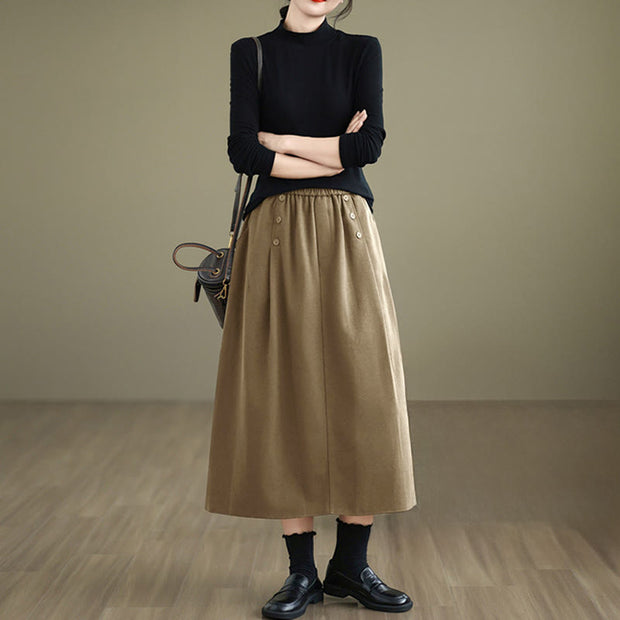 Buddha Stones Women's Winter Pure Color Cotton 7-8 Length Elastic Waistband Skirt With Pockets - image 11