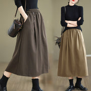 Buddha Stones Women's Winter Pure Color Cotton 7-8 Length Elastic Waistband Skirt With Pockets - image 0