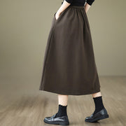 Buddha Stones Women's Winter Pure Color Cotton 7-8 Length Elastic Waistband Skirt With Pockets - image 3