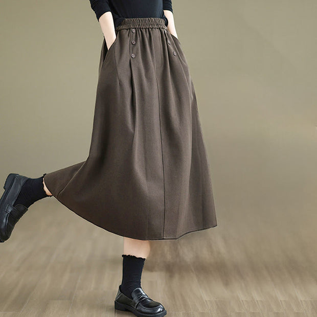 Buddha Stones Women's Winter Pure Color Cotton 7-8 Length Elastic Waistband Skirt With Pockets - image 5