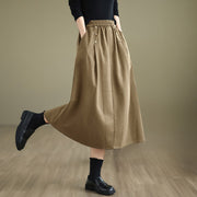 Buddha Stones Women's Winter Pure Color Cotton 7-8 Length Elastic Waistband Skirt With Pockets - DarkKhaki - US8-10，UK/AU12-14，EU40-42 (2XL) - image 10