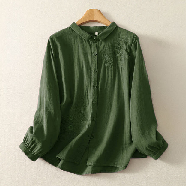 Buddha Stones Embroiderd Flower Vine Pattern Long Sleeve Women's Lapel Shirt - DarkGreen - US8-10，UK/AU12-14，EU40-42 (2XL) - image 1