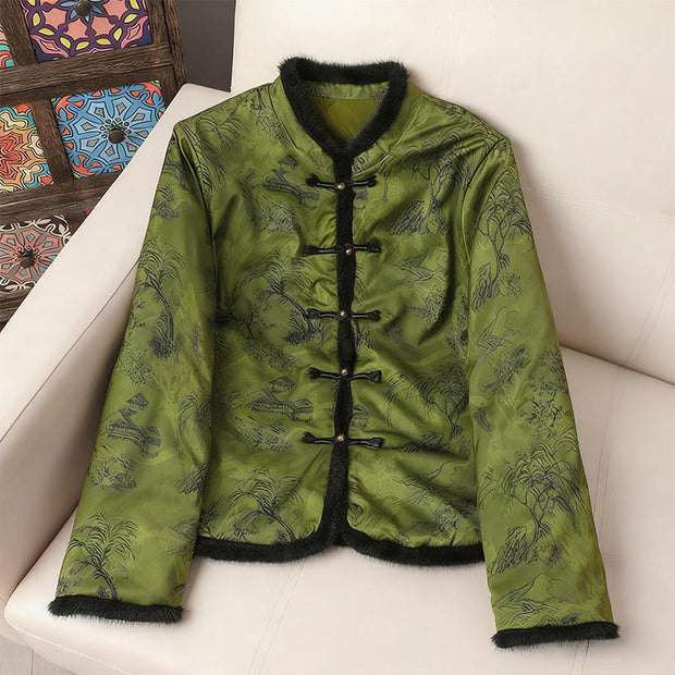 Buddha Stones Frog-button Flower Tree Pattern Women's Long Sleeve Thickened Jacket  - DarkGreen - US12，UK/AU16，EU44(4XL) - image 11