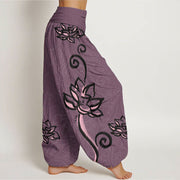 Buddha Stones Cotton Casual Lotus Auspicious Clouds Design Women's Elastic Waist Harem Pants - image 9