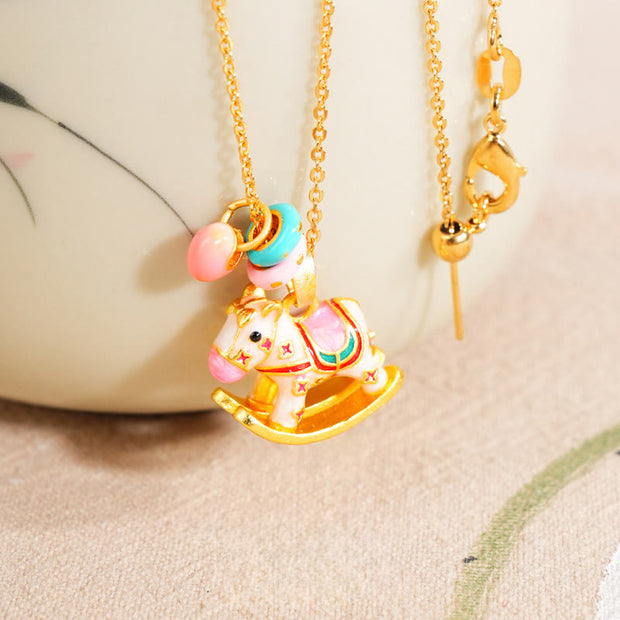 Buddha Stones Colorful Year Of The Horse 24k Gold Plated Copper Necklace Pendant - Rocking Horse - image 0