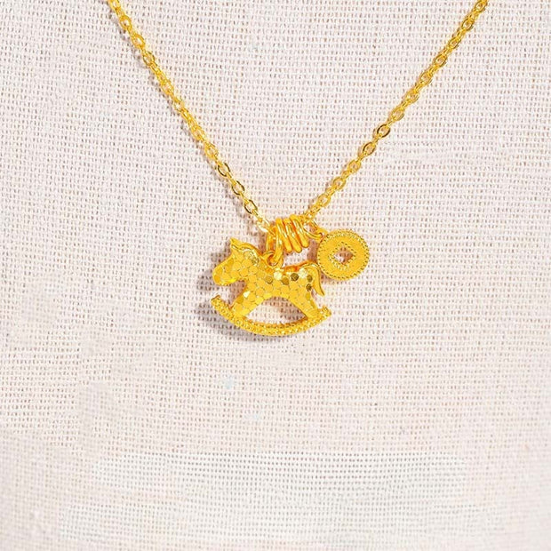 Buddha Stones Year Of The Horse 24k Gold Plated Copper Coin Necklace Pendant - Copper Rocking Horse - image 0