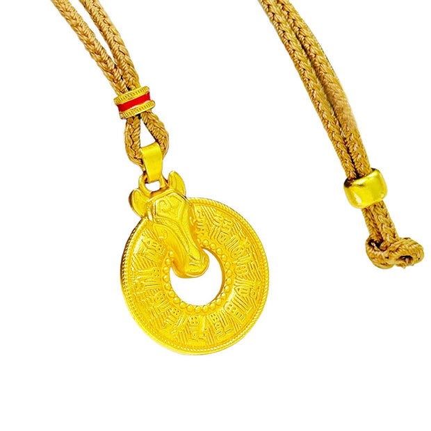 Buddha Stones Year Of The Horse Peace Buckle Fu Character Gold Plated Copper Energy Necklace Pendant - image 2