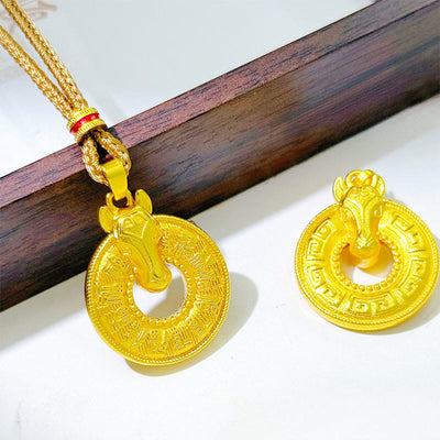 Buddha Stones Year Of The Horse Peace Buckle Fu Character Gold Plated Copper Energy Necklace Pendant - Copper Horse - image 0