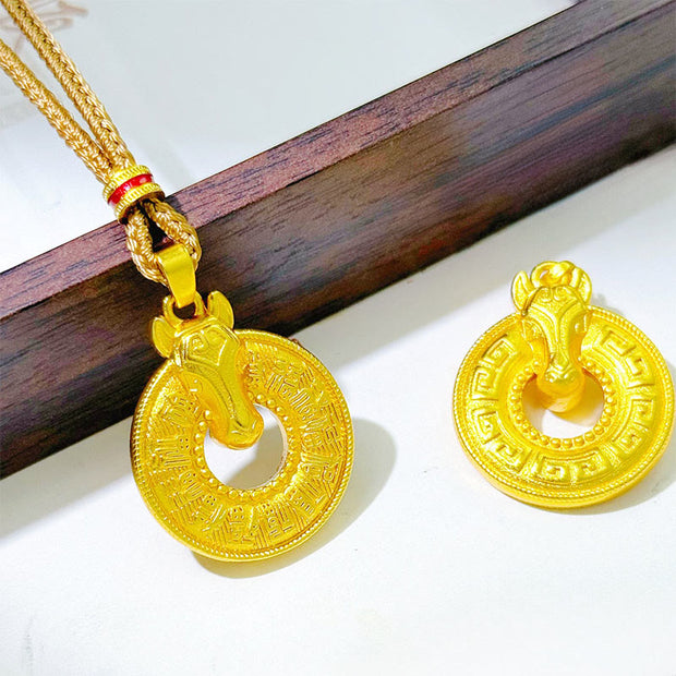 Buddha Stones Year Of The Horse Peace Buckle Fu Character Gold Plated Copper Energy Necklace Pendant - Copper Horse - image 0