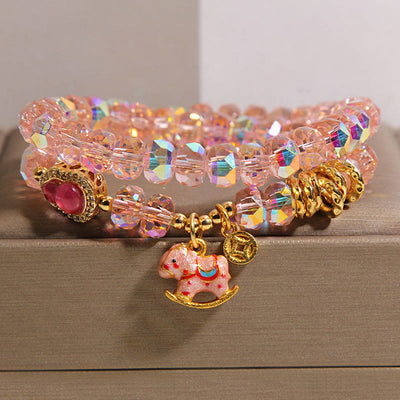 Buddha Stones Chinese Zodiac Year Of The Horse Crystal Glass Copper Coin Gourd Double Wrap Bracelet - Pink(Wrist Circumference: 14-15cm) - image 0
