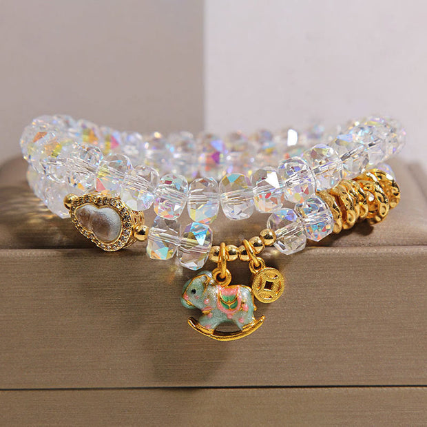 Buddha Stones Chinese Zodiac Year Of The Horse Crystal Glass Copper Coin Gourd Double Wrap Bracelet - White(Wrist Circumference: 14-15cm) - image 8