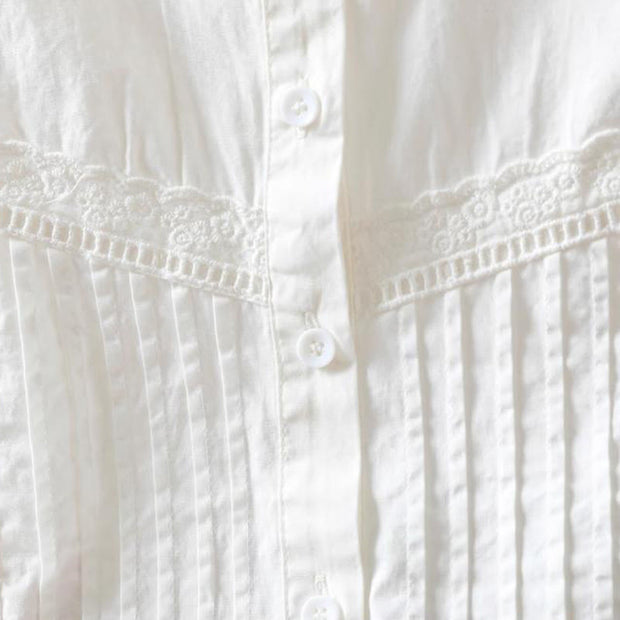 Buddha Stones Fall White Accordion Pleat Design Buttons Women's Cotton Long Sleeve Shirt - image 8