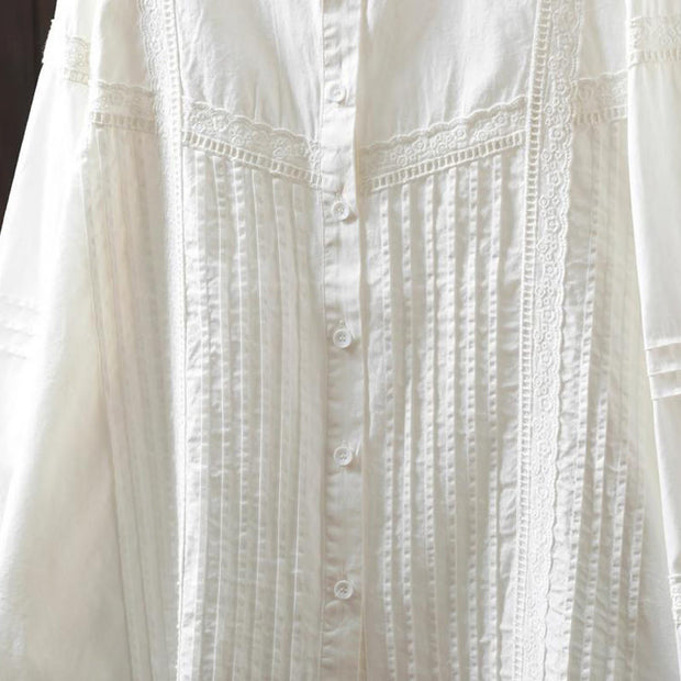 Buddha Stones Fall White Accordion Pleat Design Buttons Women's Cotton Long Sleeve Shirt - image 7