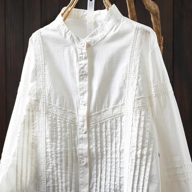 Buddha Stones Fall White Accordion Pleat Design Buttons Women's Cotton Long Sleeve Shirt - image 4