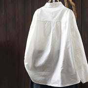 Buddha Stones Fall White Accordion Pleat Design Buttons Women's Cotton Long Sleeve Shirt - image 1