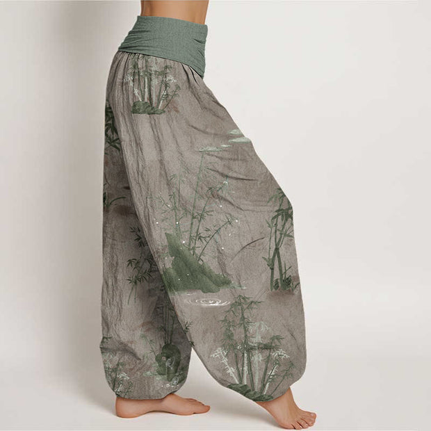 Buddha Stones Cotton Casual Bamboo Rock Ink Painting Women's Elastic Waist Harem Pants - image 5