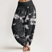 Buddha Stones Cotton White Lines Spots Tie-Dye Pattern Women's Elastic Waist Harem Pants - Black - US22，UK/AU26，EU54 (6XL) - image 0