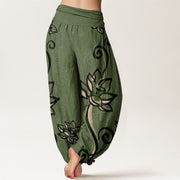 Buddha Stones Cotton Casual Lotus Auspicious Clouds Design Women's Elastic Waist Harem Pants - image 1