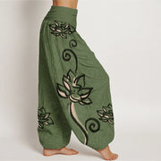 Buddha Stones Cotton Casual Lotus Auspicious Clouds Design Women's Elastic Waist Harem Pants - image 2