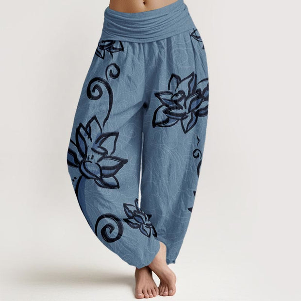Buddha Stones Cotton Casual Lotus Auspicious Clouds Design Women's Elastic Waist Harem Pants - MediumTurquoise - US22，UK/AU26，EU54 (6XL) - image 4