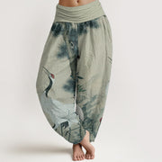 Buddha Stones Cotton Casual Red-crowned Crane Pine Tree Mountain Women's Elastic Waist Harem Pants - DarkSeaGreen - US22，UK/AU26，EU54 (6XL) - image 4