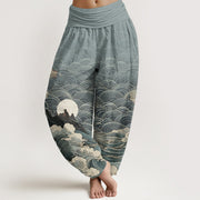Buddha Stones Cotton Casual Wave Moon Mountain Pattern Women's Elastic Waist Harem Pants - SkyBlue - US22，UK/AU26，EU54 (6XL) - image 4