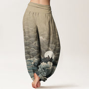 Buddha Stones Cotton Casual Wave Moon Mountain Pattern Women's Elastic Waist Harem Pants - image 8
