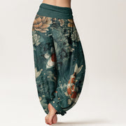 Buddha Stones Cotton Colorful Koi Fish Lotus Flowers Design Women's Elastic Waist Harem Pants - image 1
