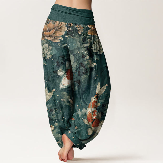 Buddha Stones Cotton Colorful Koi Fish Lotus Flowers Design Women's Elastic Waist Harem Pants - image 1