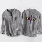Buddha Stones Abstract Human Figure Eyes Pattern Half Buttons Men's Cotton Linen Long Sleeve Shirt - Gray - US/UK/AU50，EU60 (5XL) - image 0