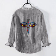Buddha Stones Abstract Human Figure Eyes Pattern Half Buttons Men's Cotton Linen Long Sleeve Shirt - image 2