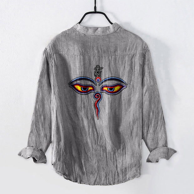 Buddha Stones Abstract Human Figure Eyes Pattern Half Buttons Men's Cotton Linen Long Sleeve Shirt - image 2