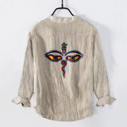 Buddha Stones Abstract Human Figure Eyes Pattern Half Buttons Men's Cotton Linen Long Sleeve Shirt - image 4